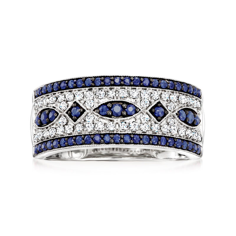 14kt white gold sapphire and diamond ring with oval openwork design