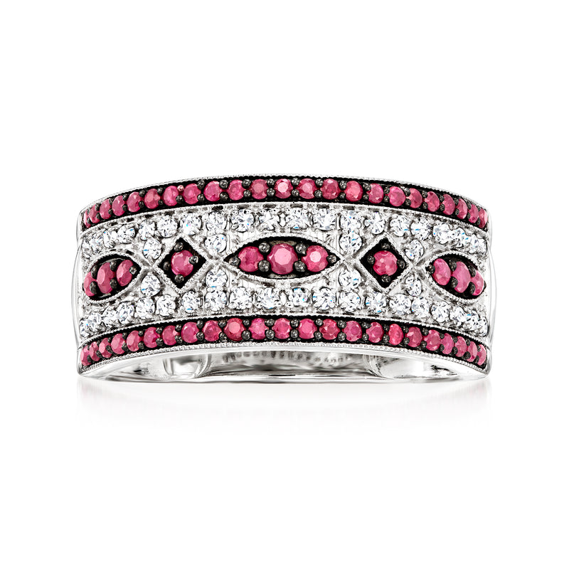 Ruby and diamond band ring in 14k white gold with pink rubies and clear diamond pave