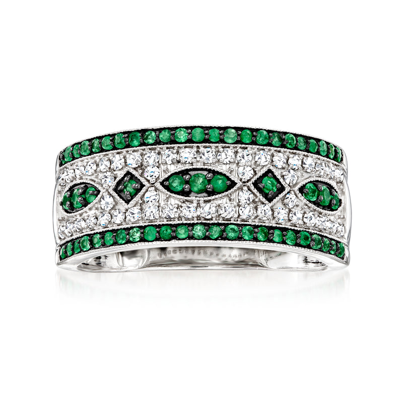14kt white gold ring with emerald-green stones and clear diamond pave across the band