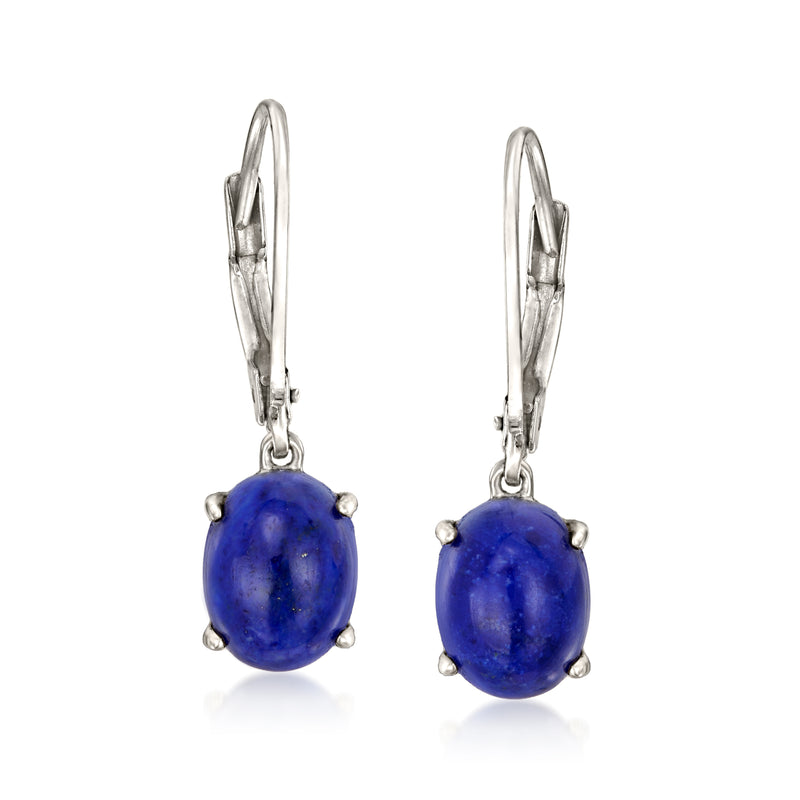 Sterling silver leverback drop earrings with blue oval lapis cabochon