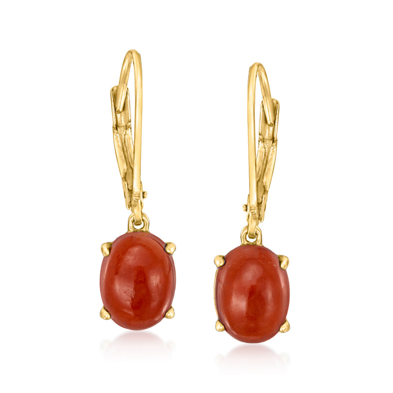 Red jade drop earrings with oval bead and gold leverback hooks, gold-tone setting
