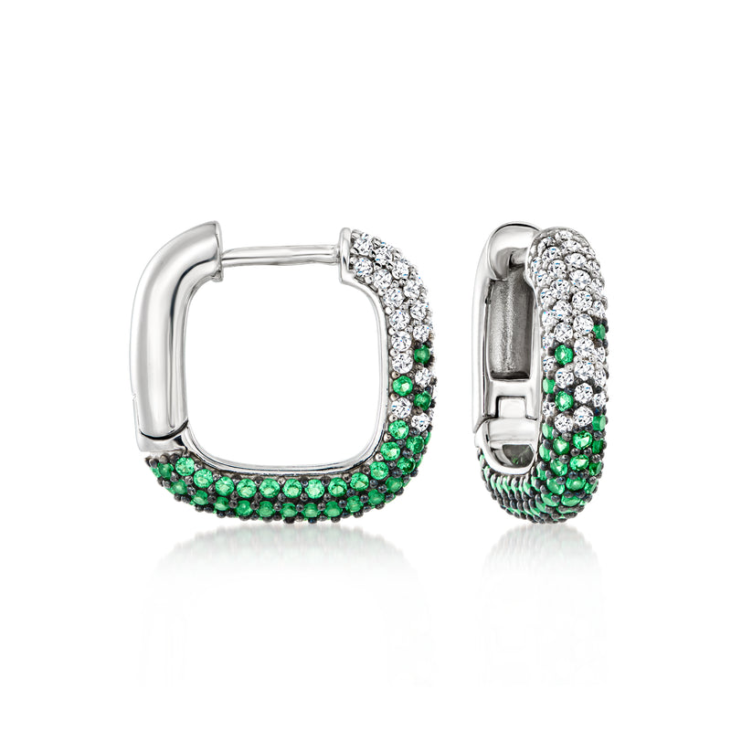 Sterling silver square hoop earrings with clear CZ and green simulated emerald stones