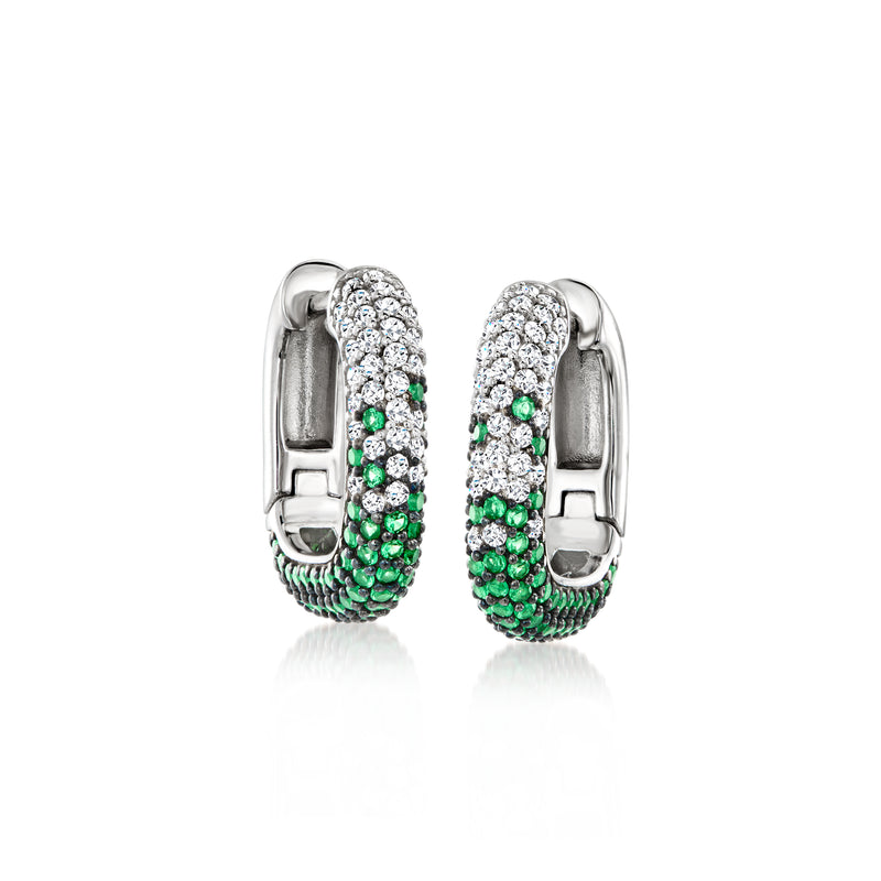 Square hoop earrings in sterling silver with green and clear CZ stone row, side view