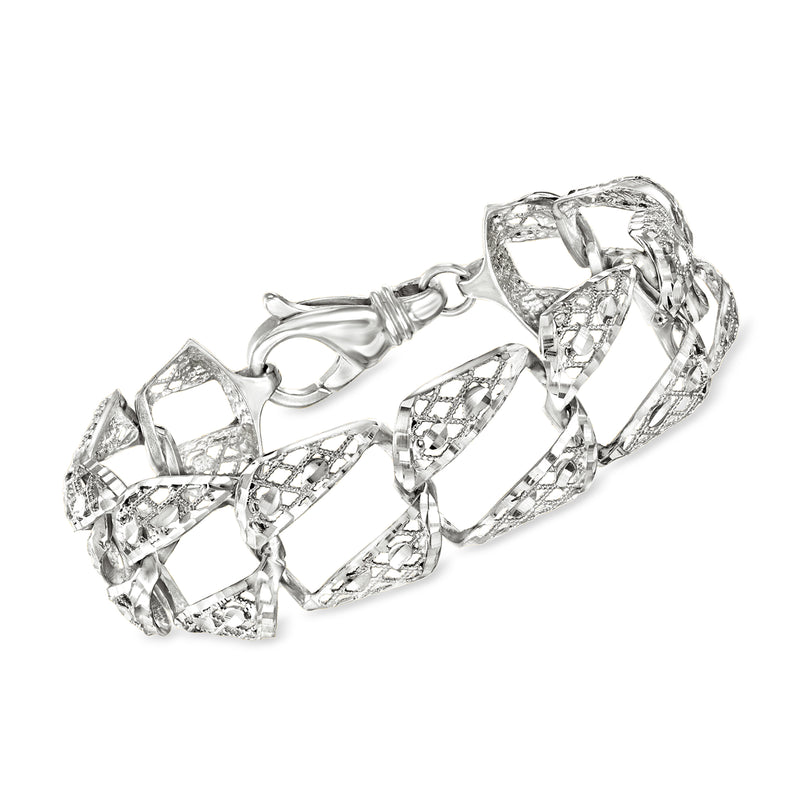 Sterling silver openwork square-link bracelet, textured and polished with secure clasp
