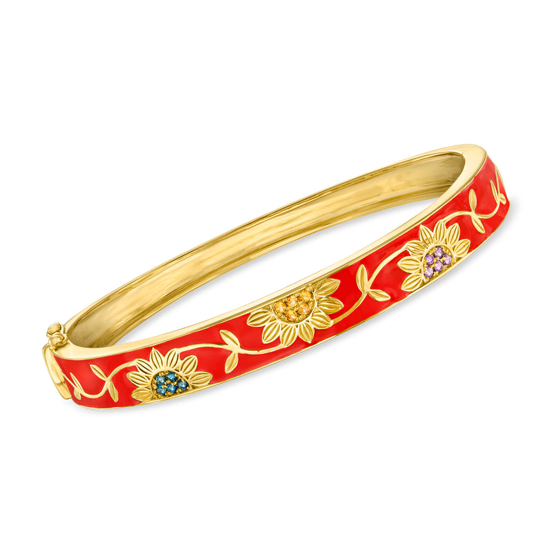 Gold over sterling bangle bracelet with red enamel floral design and multi-color stones