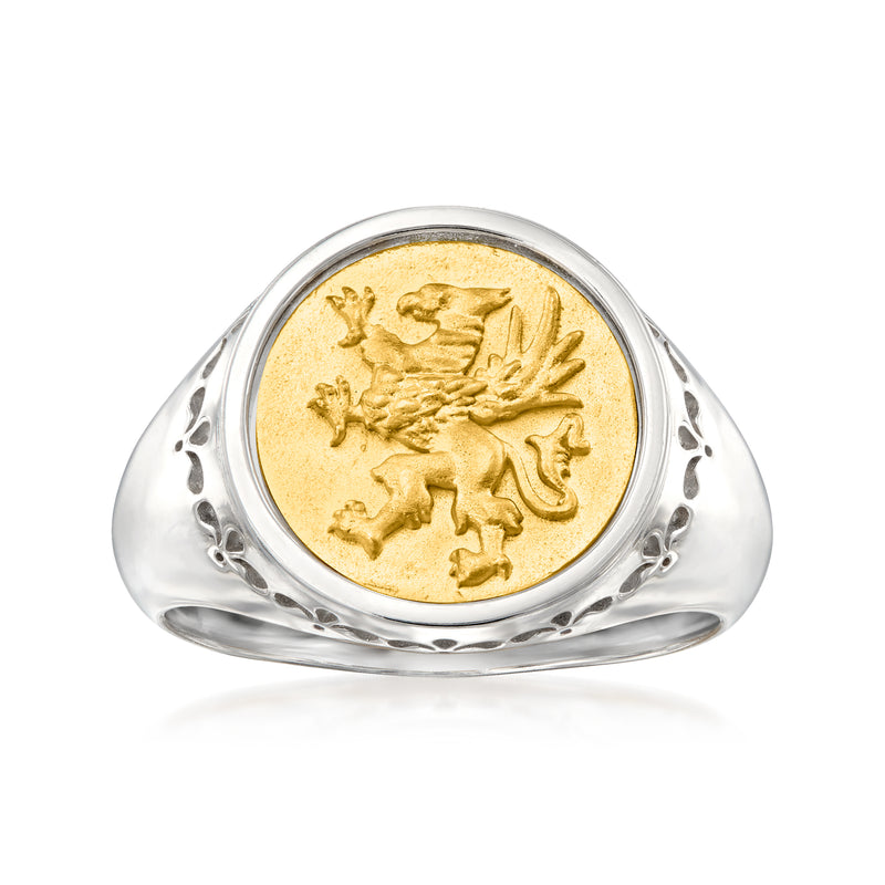 Two-tone sterling silver griffin signet ring with gold oval crest inset
