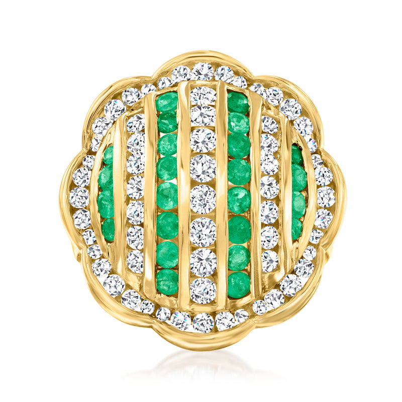 Yellow gold diamond and emerald ring with green emerald columns and diamond halo