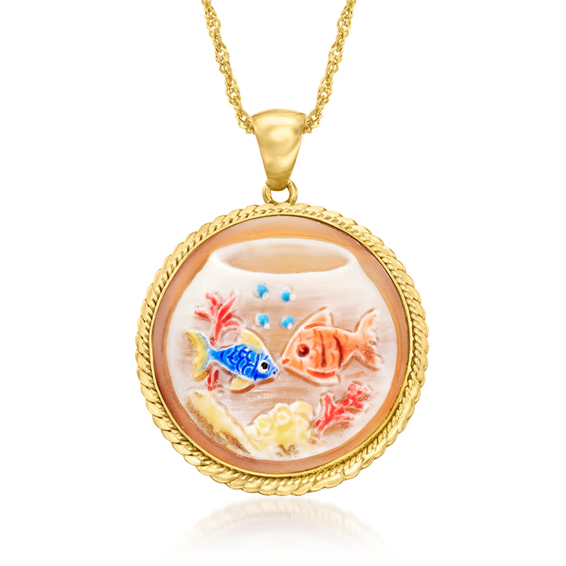 Gold-tone round pendant necklace with marine fish cameo in a bezel setting