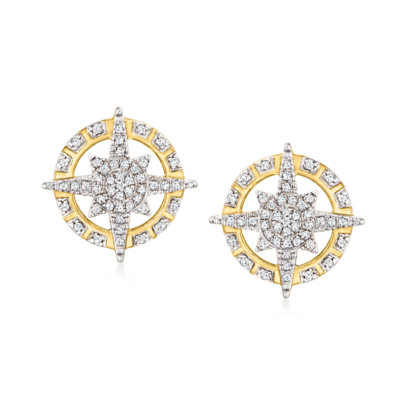 14kt yellow gold diamond north star post earrings, circular halo with star center