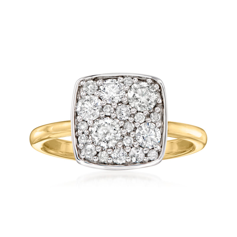 Square diamond mosaic ring with sterling silver frame and yellow gold band