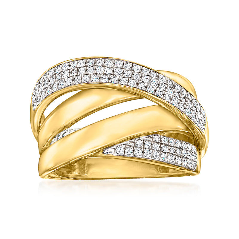 Gold over sterling diamond crisscross ring with pavé bands