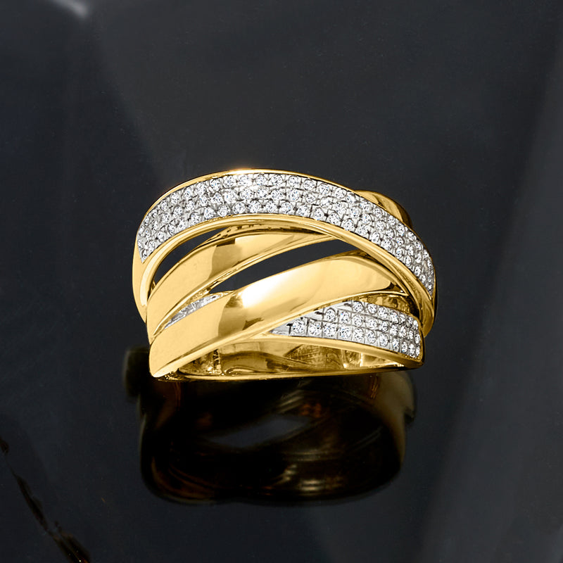 Diamond crossover ring in 18kt gold over sterling with pavé-set diamond bands