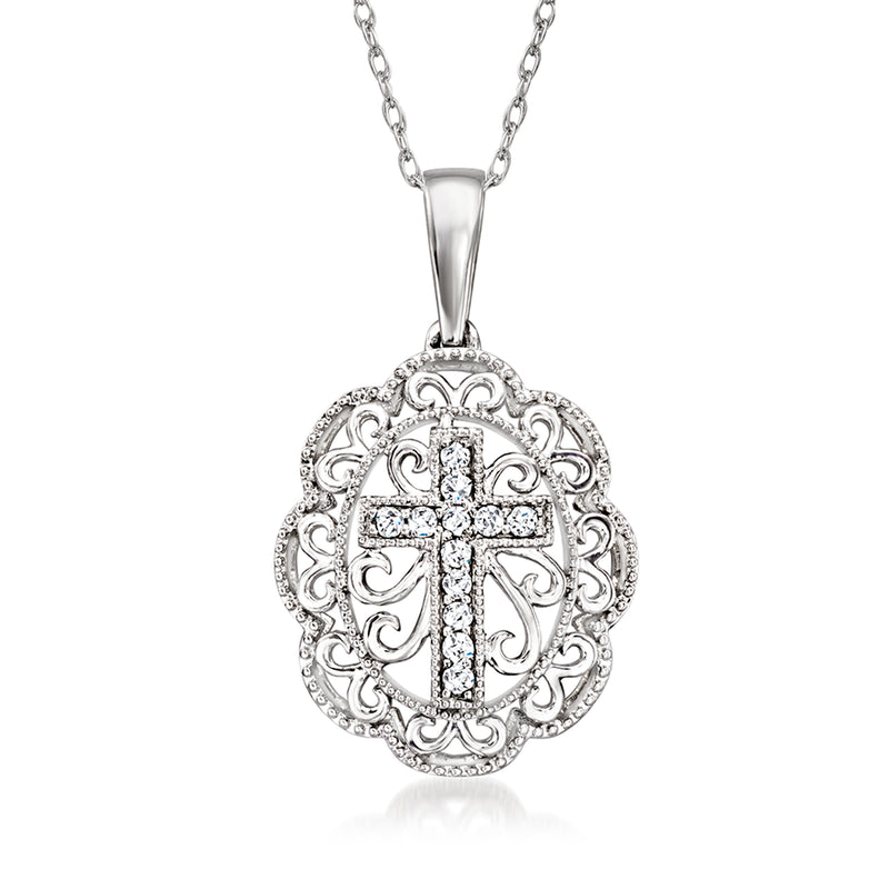 Sterling silver cross filigree pendant necklace with small diamond accents