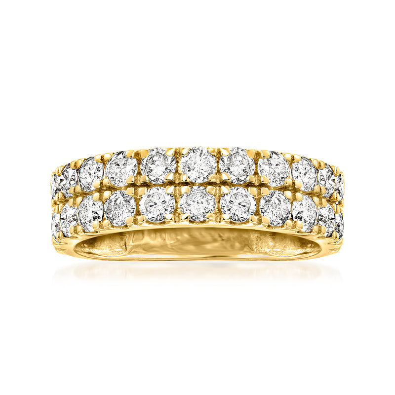 14kt yellow gold two-row diamond ring with round stones, polished band