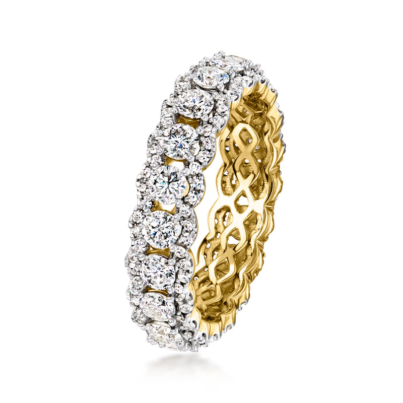 Side view of 14kt yellow gold diamond eternity band with pave-set round diamonds