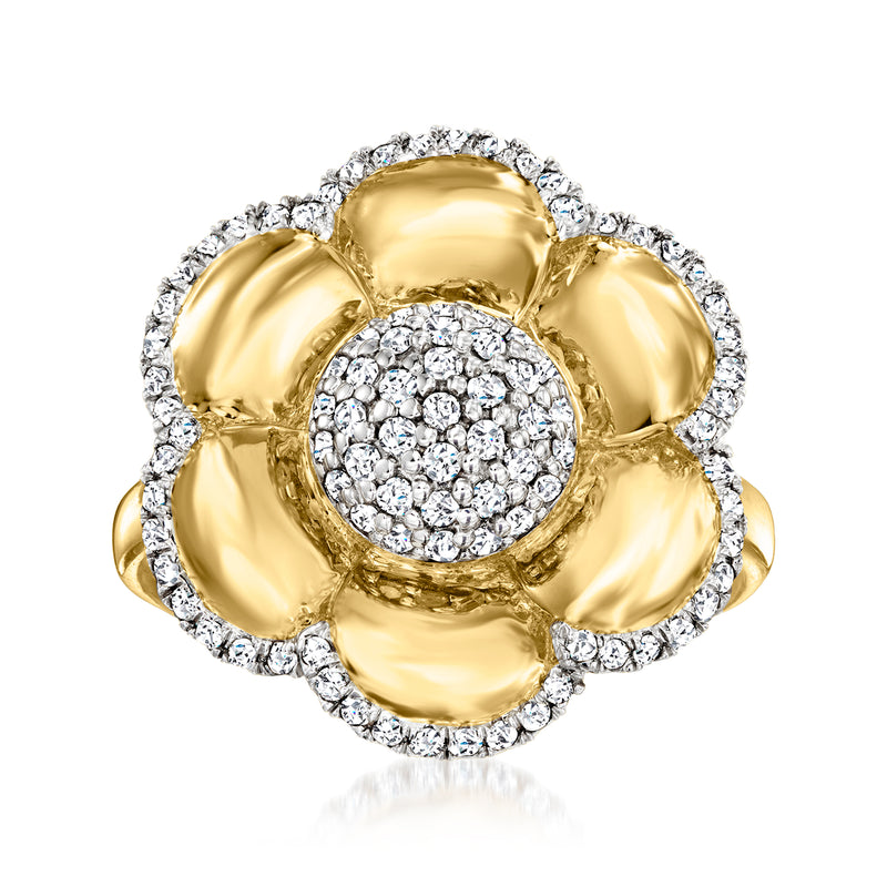 Diamond flower ring in 18kt gold over sterling with pavé center and petal accents