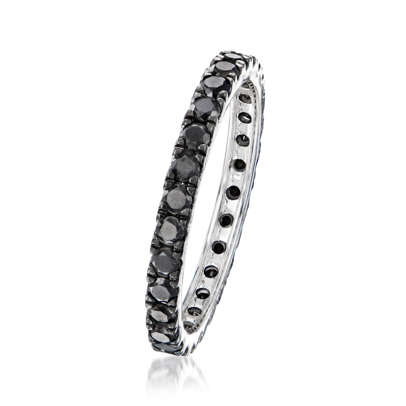 Black diamond eternity band in 14kt white gold, side profile with dark round stones