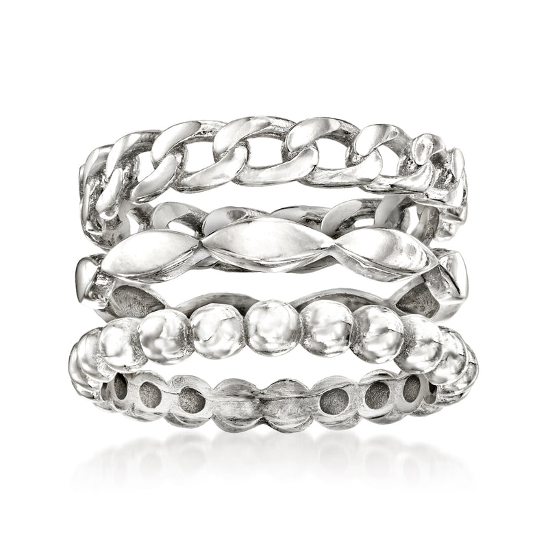 Silver stackable ring set with three textured bands and rounded link details