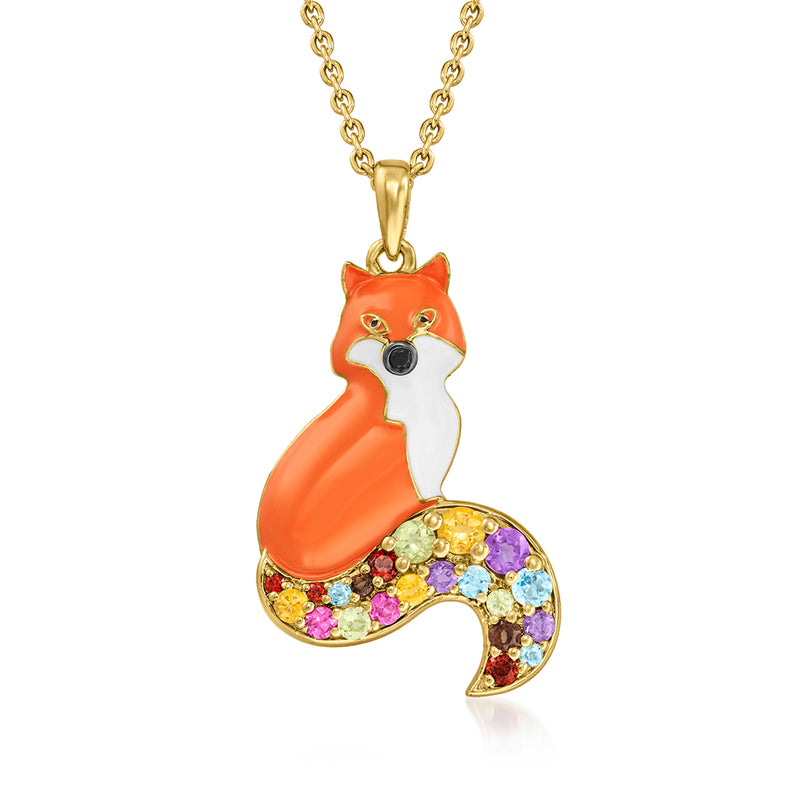 Gold-tone fox pendant necklace with orange and white enamel, multicolor gemstone accents