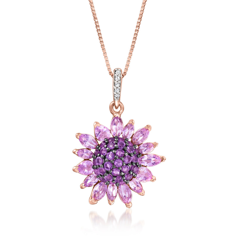 Rose gold flower pendant necklace with amethyst petals and center gemstone, white accents