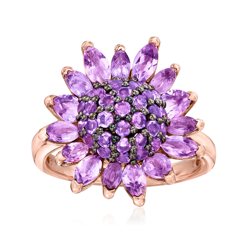 Amethyst flower ring with teardrop stones in rose gold-tone prongs on a split band