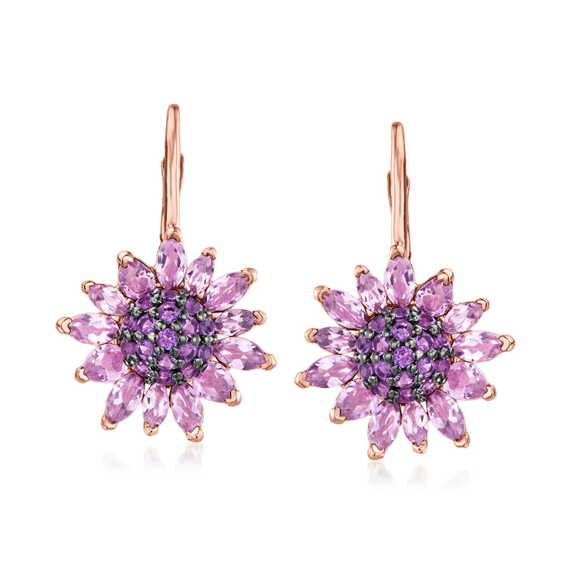 Amethyst flower drop earrings in rose gold with purple gemstone petals, leverback style