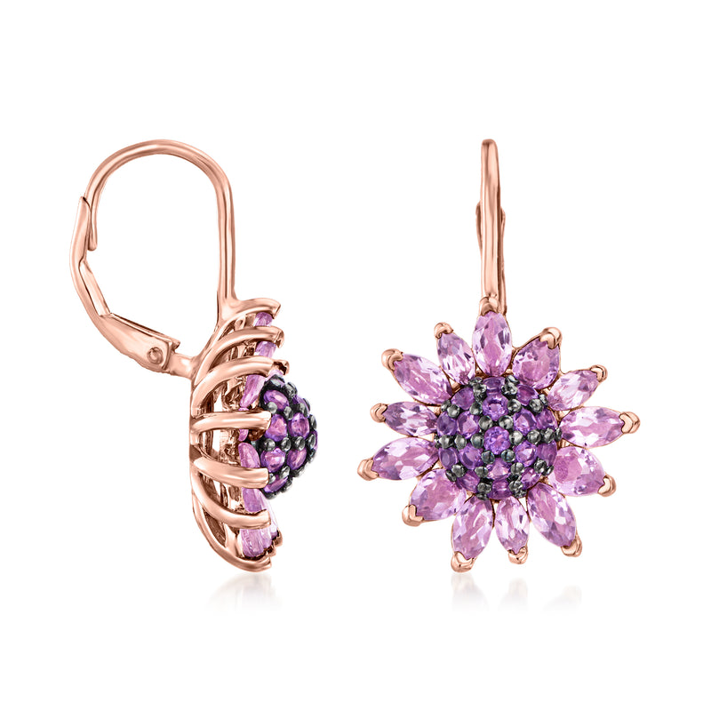 Amethyst flower drop earrings with rose-gold leverback and faceted purple center stones