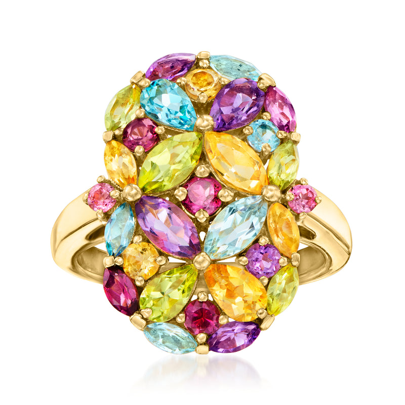 Gold over sterling multi-gem floral cluster ring with oval and round gemstones