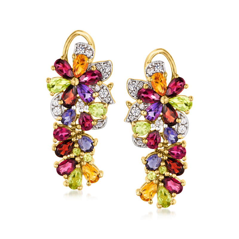 Gold drop earrings with multicolor gemstone floral cluster and sparkling white accents