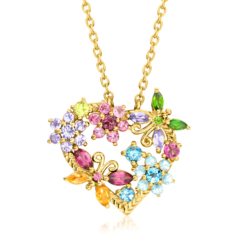 Heart-shaped multi-gemstone necklace with butterfly floral motif, gold over sterling