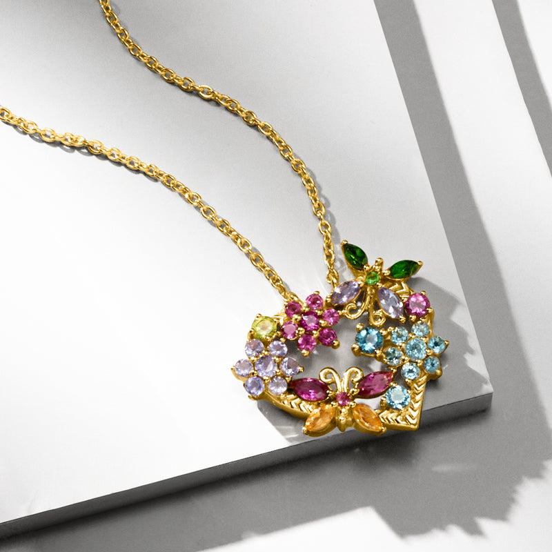 Heart pendant necklace with multi-colored gemstones and butterfly floral design, gold