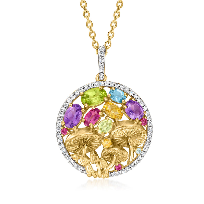 18kt gold over sterling mushroom pendant necklace with round halo of multicolor gems