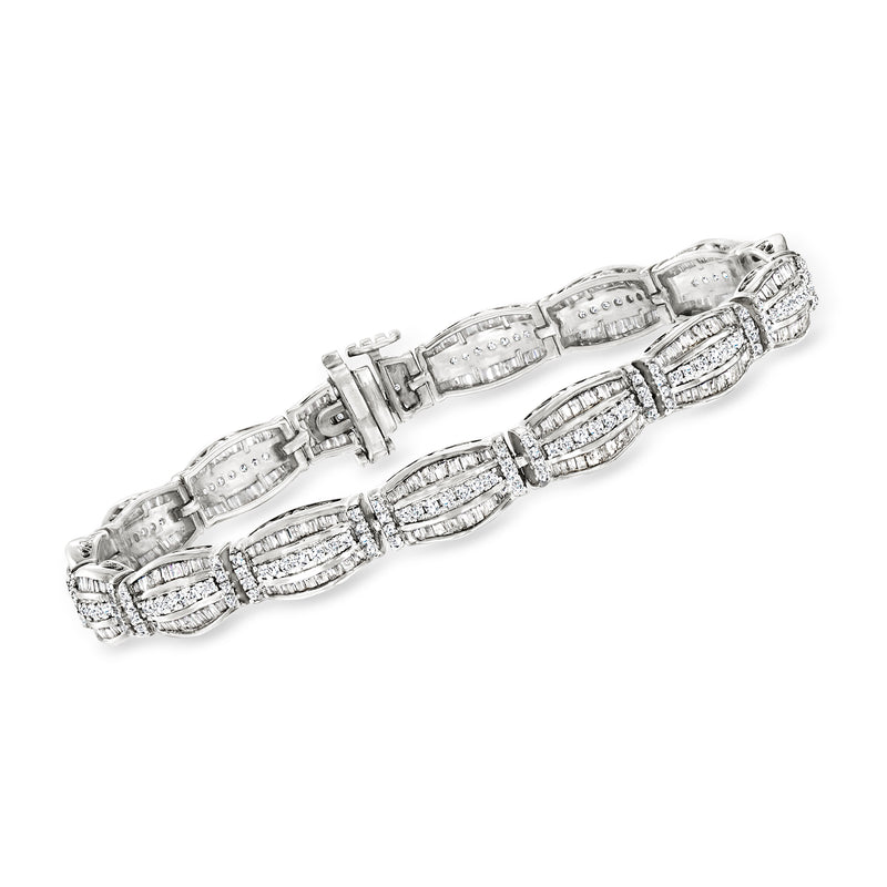Sterling silver diamond tennis bracelet with baguette and round-cut stones