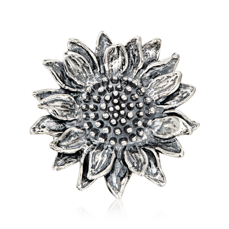 Sterling silver sunflower ring with textured and polished petals, raised dot center