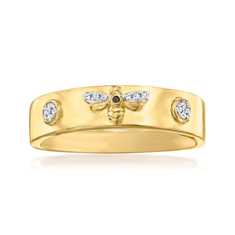 18kt gold over sterling bee ring with round clear stones on a smooth yellow band