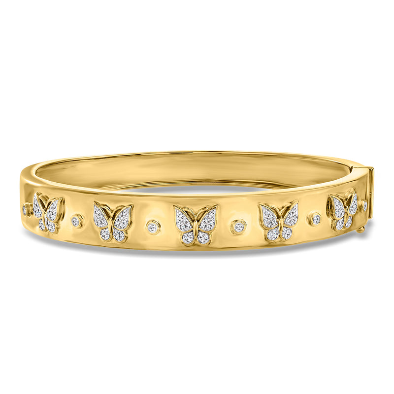 Gold bangle bracelet with diamond butterfly charms and round stones