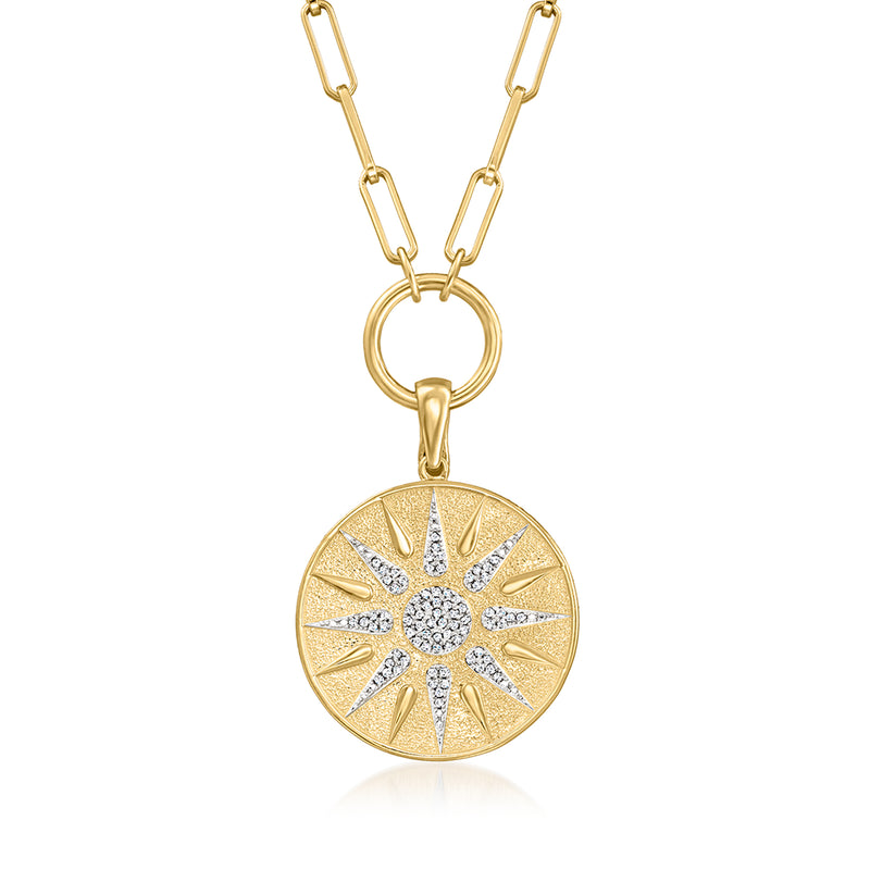 Gold sunburst pendant necklace with diamond center, paper-clip link chain, round medallion