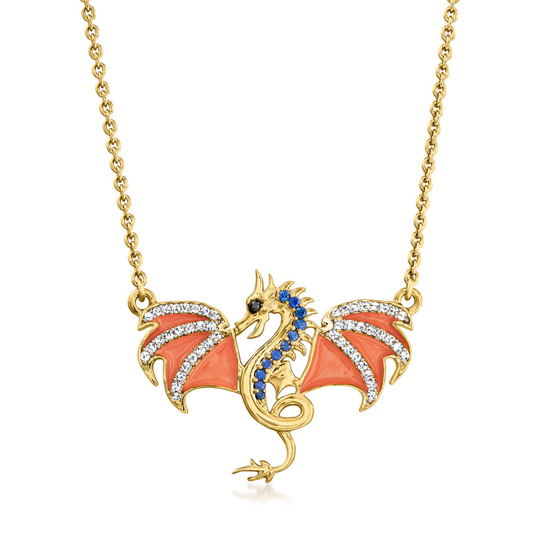 Gold-tone dragon necklace pendant with orange enamel wings and blue accents
