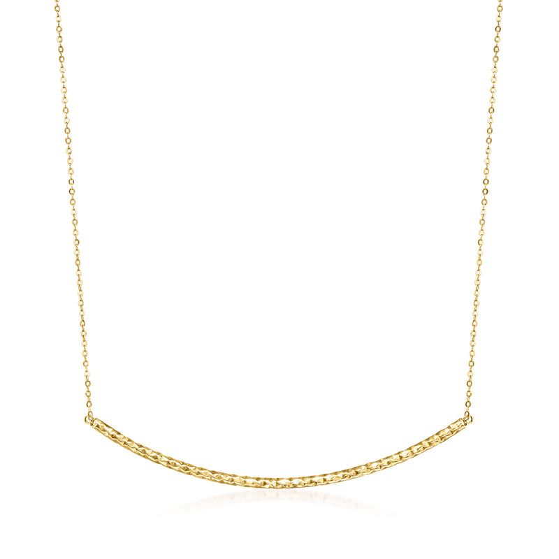 14kt yellow gold curved-bar necklace with thin chain and polished curved bar