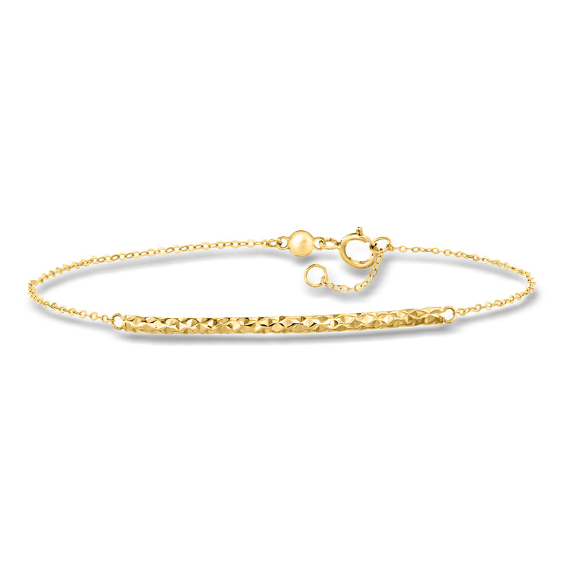 14kt yellow gold curved bar bracelet with textured bar and lobster clasp