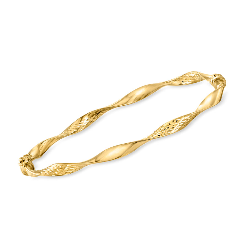 14kt yellow gold twisted bangle bracelet, braided wire texture, hinged clasp