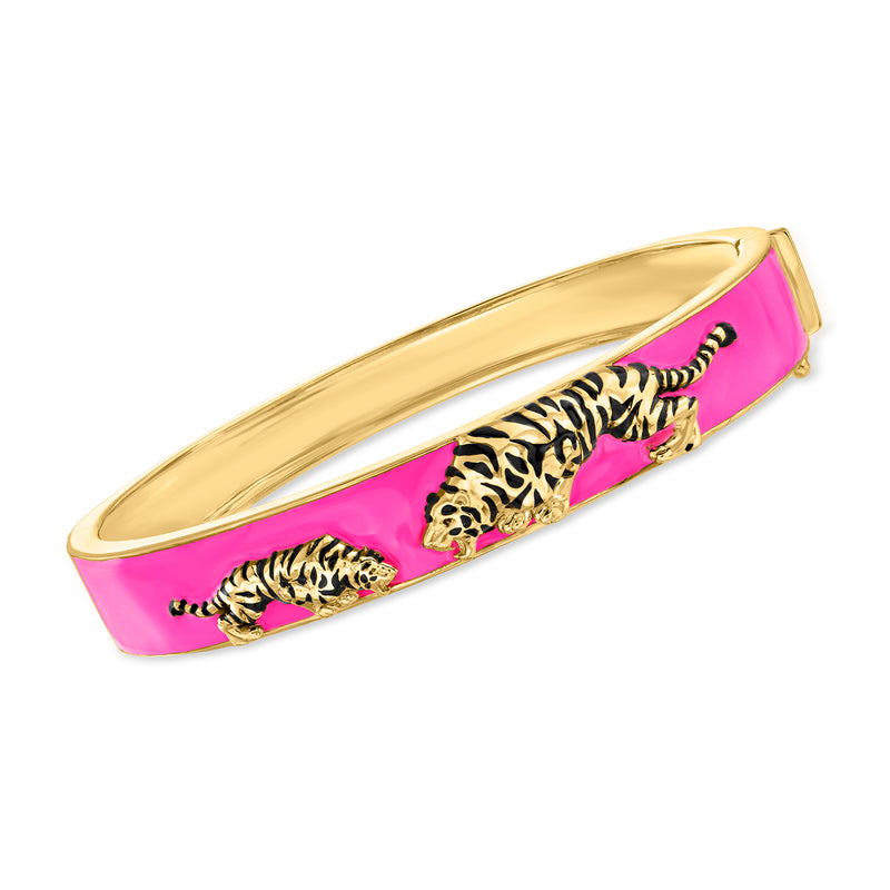 18kt gold bangle with pink enamel tiger and black stripes, hinged bracelet