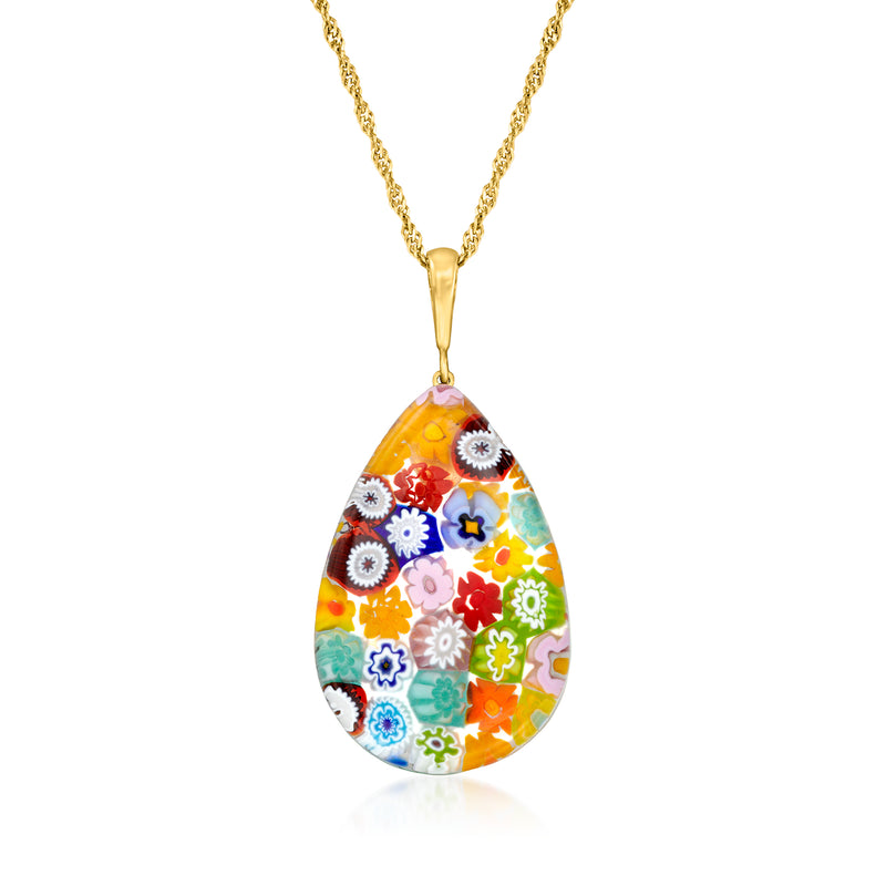 Multicolored Millefiori teardrop glass pendant necklace on gold chain with bail