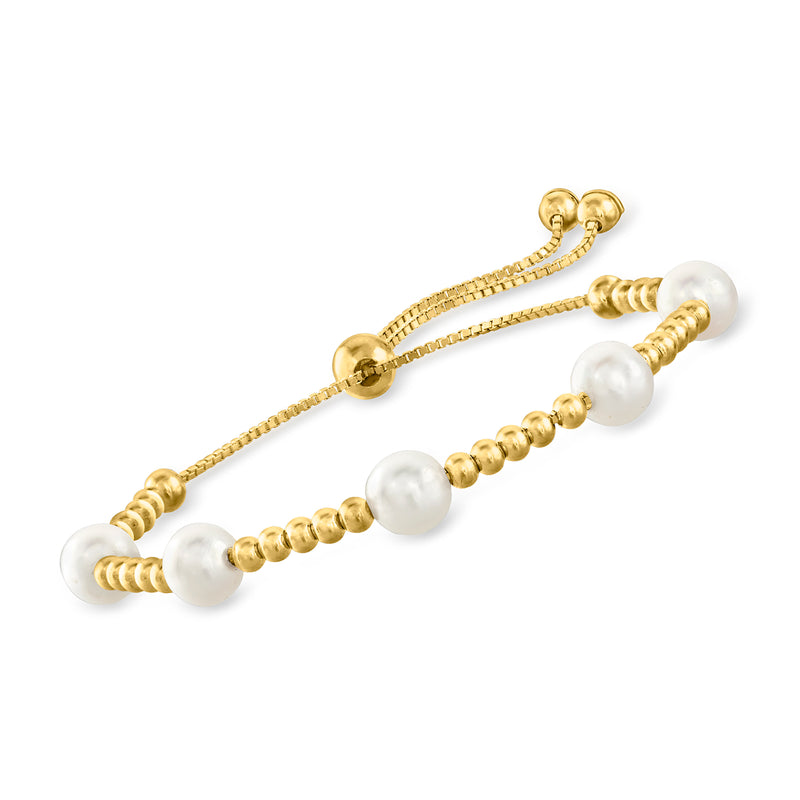Gold bolo bracelet with white cultured pearl stations and bead accents