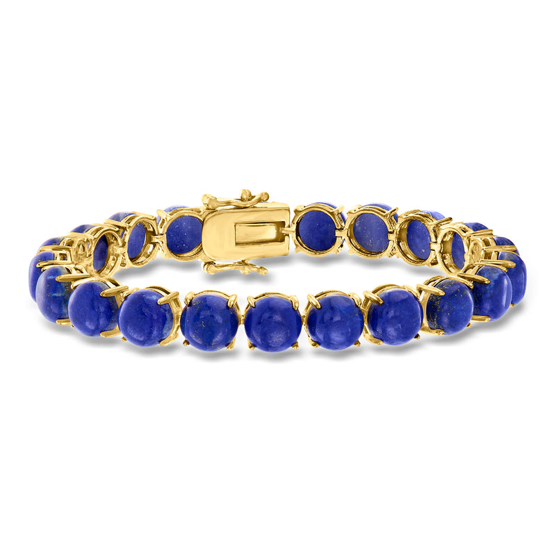 Lapis cabochon tennis bracelet with round blue stones and gold over sterling links