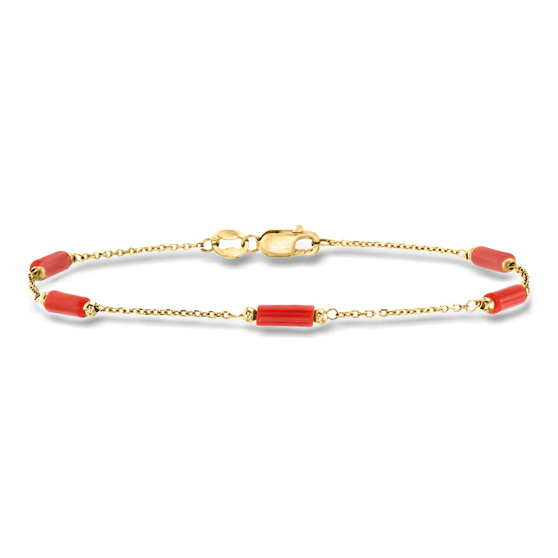 18kt yellow gold bracelet with red coral bead stations and oval link centerpiece