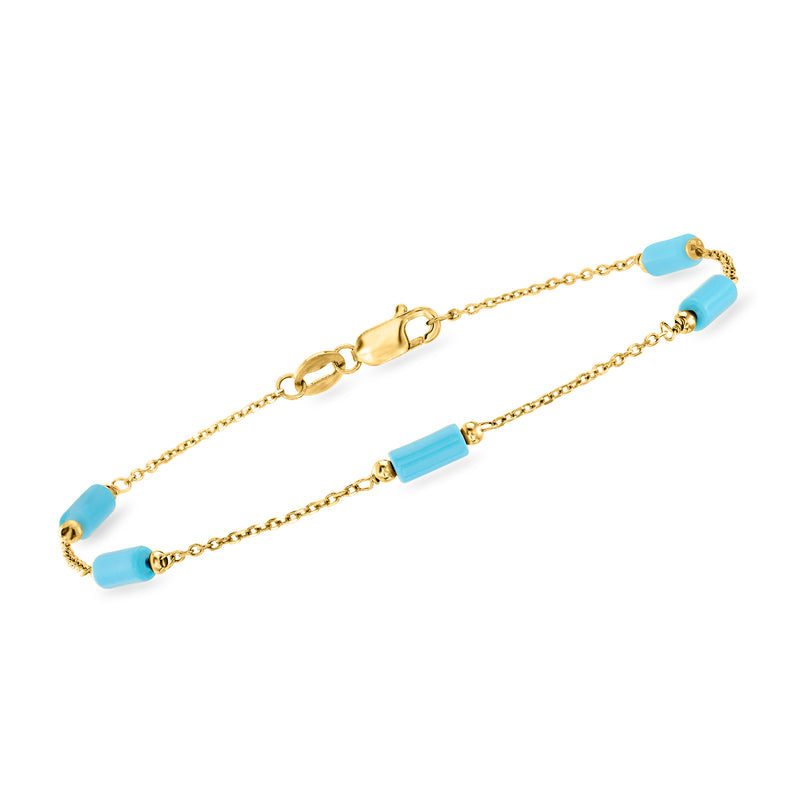 Yellow gold bead station bracelet with light blue turquoise-style beads