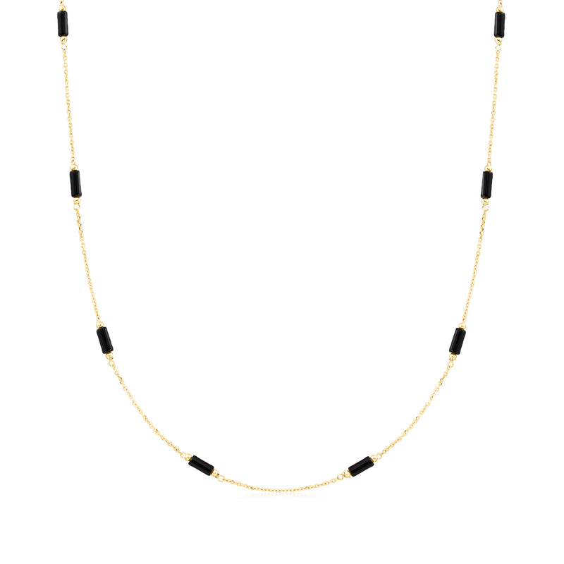 18kt yellow gold bead station necklace with dark onyx rectangular stations