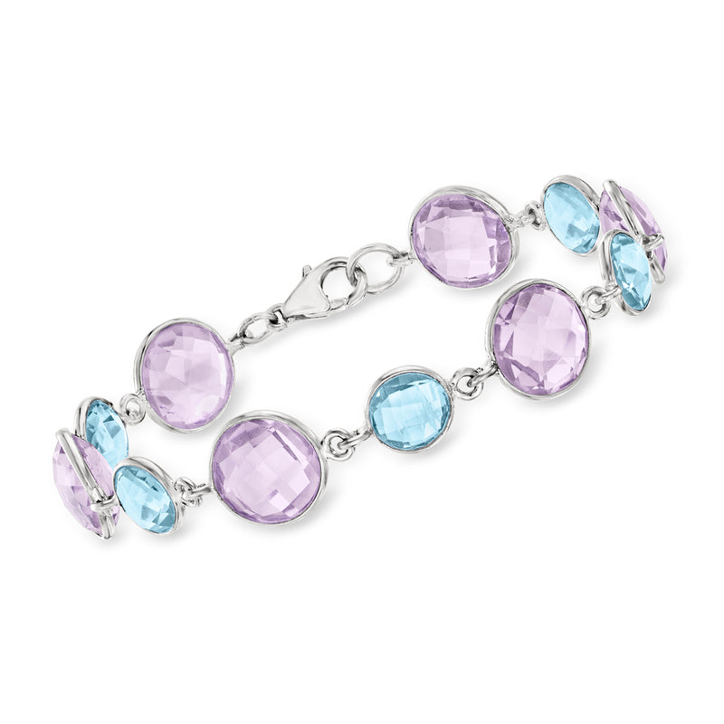 Sterling silver bracelet with round amethyst and sky-blue topaz gemstones in link setting