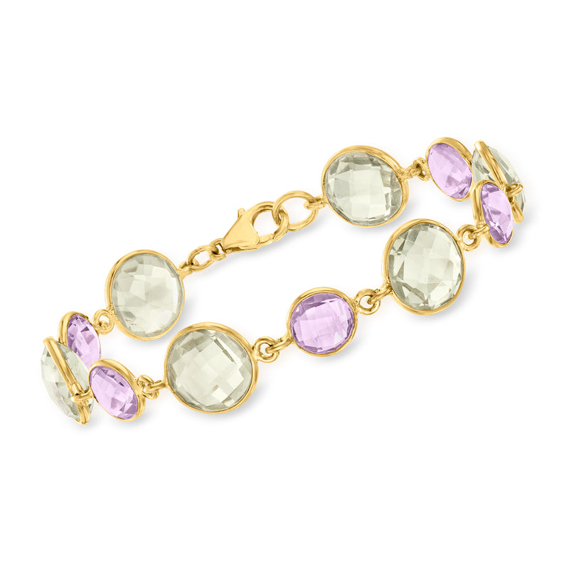 Sterling silver gemstone bracelet with oval pale green and purple stones